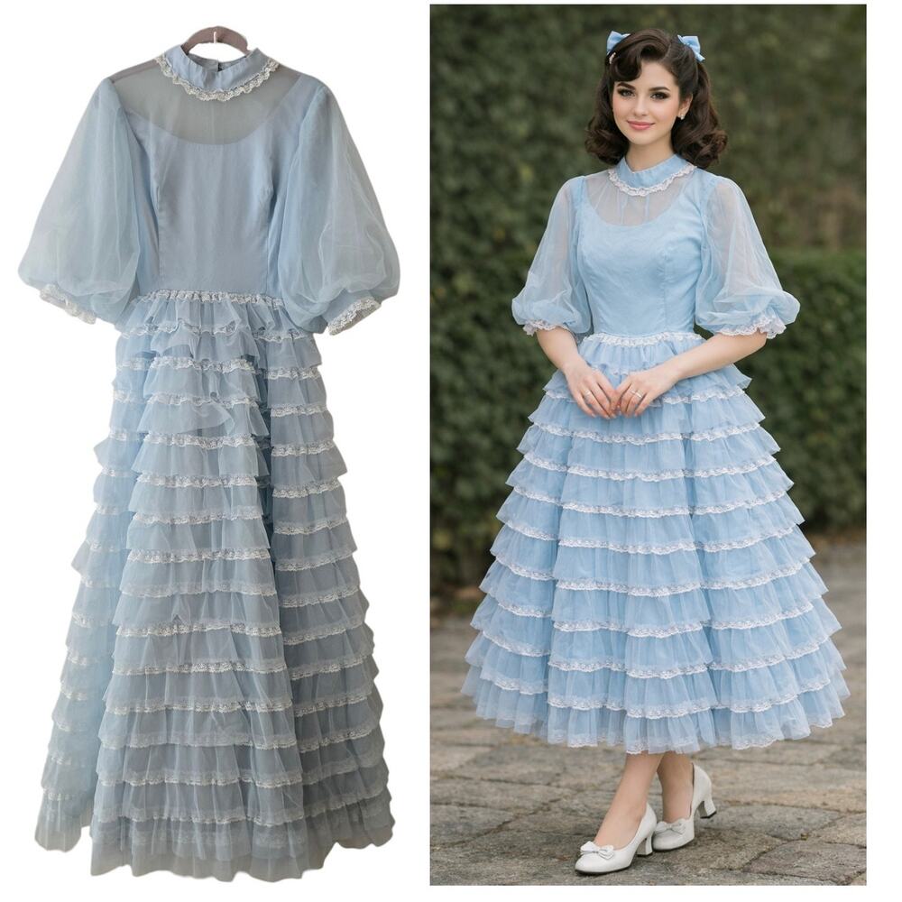 Vintage Romantic Blue Tiered Organza Lace Ball Gown USA Union Made S Small READ